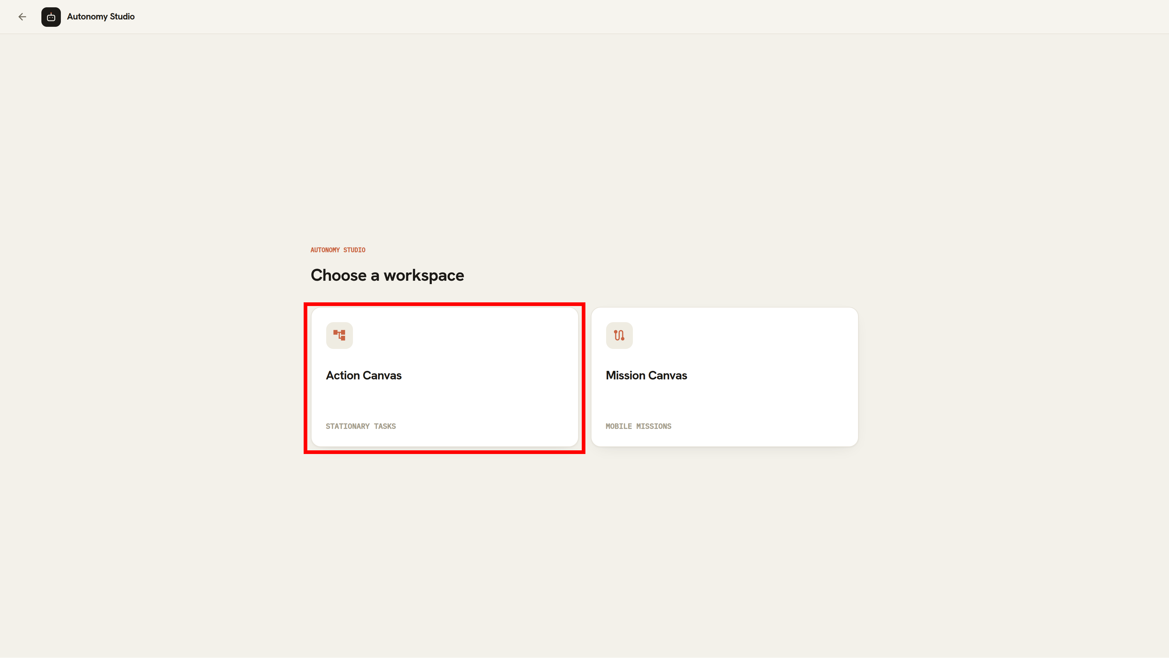 Action Canvas option in the Autonomy Studio workspace chooser