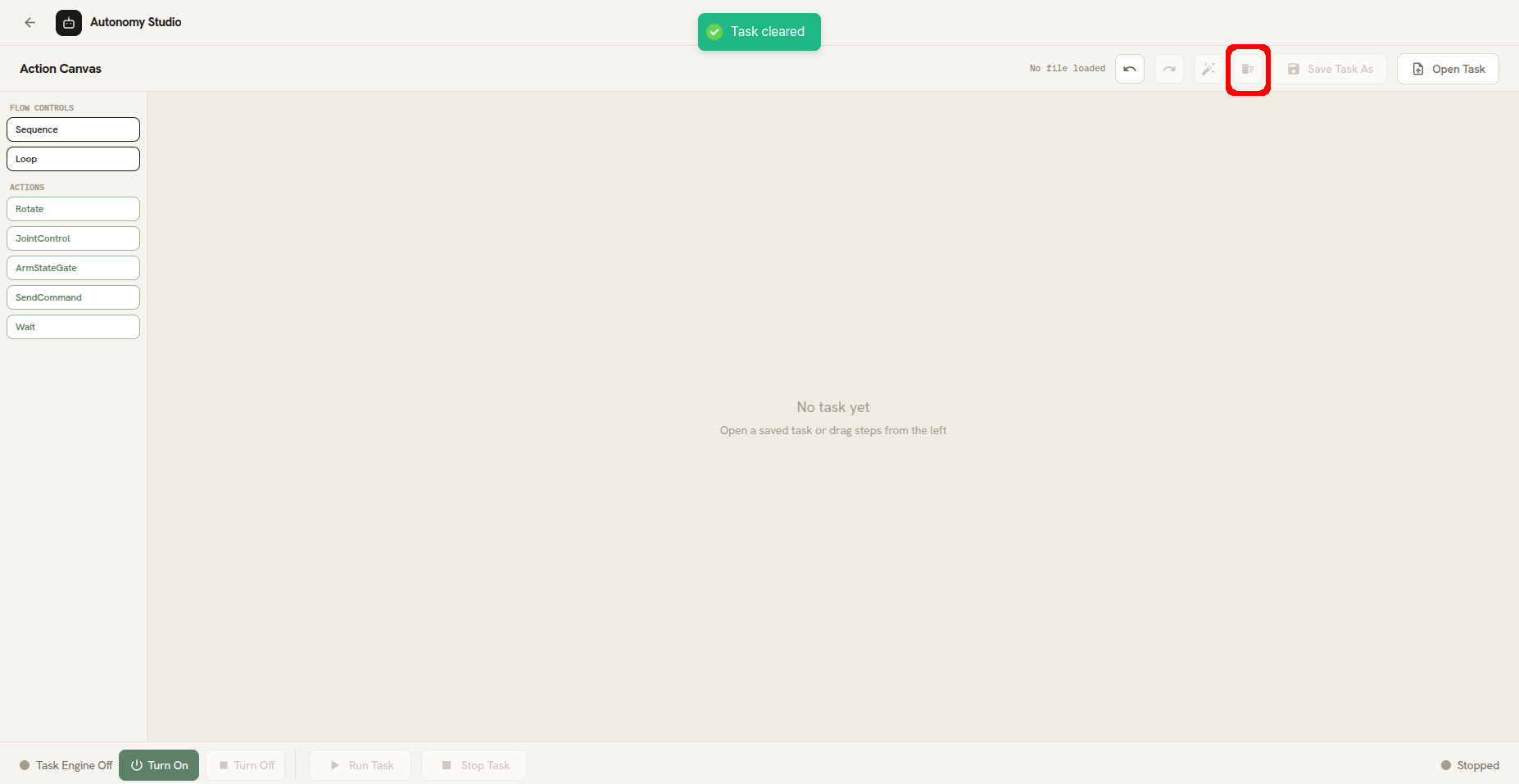 Clear button in the Action Canvas header