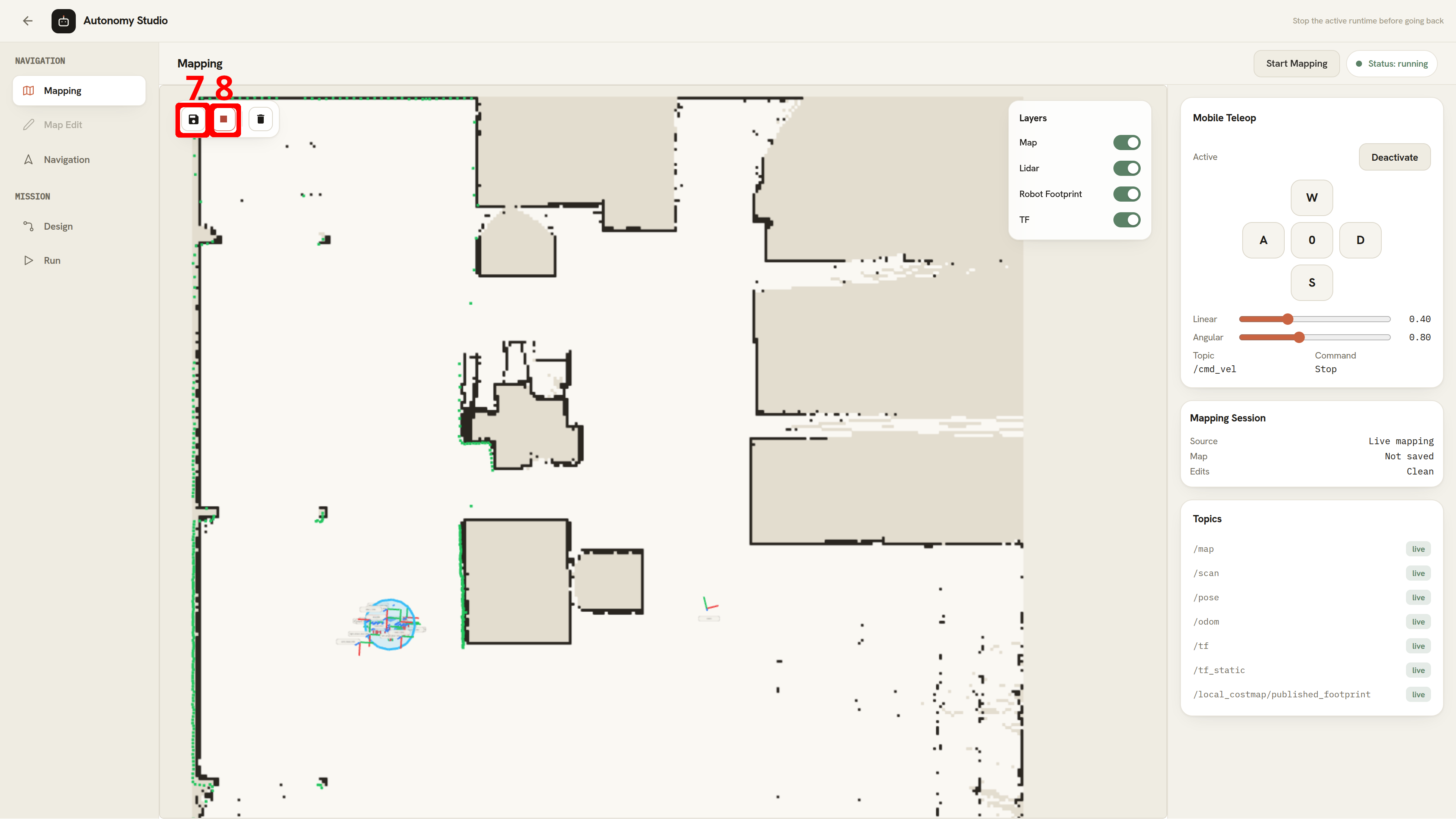 Save Map and Stop controls in the Mapping stage
